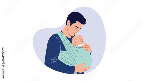 Caring father holding a sleeping baby in a light green wrap sling illustration for modern parenting and infant care concepts.