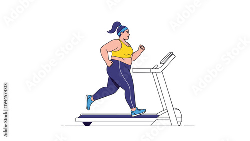 Plus size woman exercising on a treadmill at the gym wearing athletic gear for fitness health and body positivity concepts.