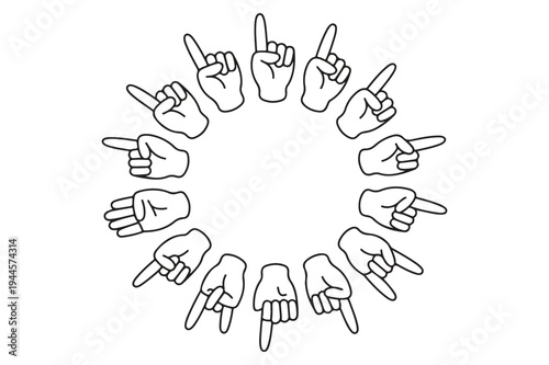 A circle of hands pointing in different directions in black and white