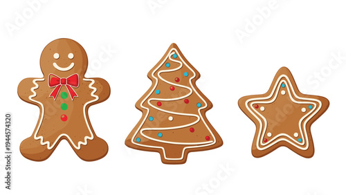 Festive gingerbread cookies in shapes of a man tree and star for christmas holiday baking and traditional food celebrations.