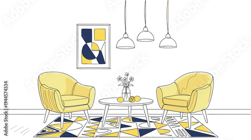 Modern living room interior line art illustration with yellow armchairs coffee table geometric rug and pendant lights.