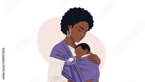 African american mother carrying her sleeping infant in a purple ring sling for close contact parenting and babywearing themes.
