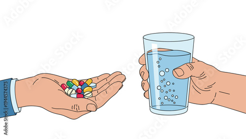 Illustration of hands holding a variety of medicine pills and a glass of water for healthcare and pharmaceutical concepts.