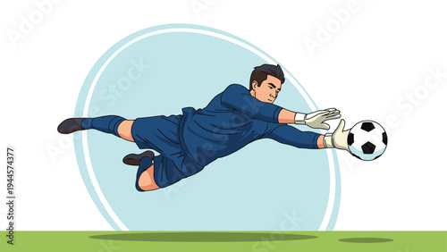 Professional soccer goalkeeper diving to catch a ball in mid air during a match for sports action and competition themes.