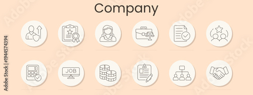 Company set icon. Career growth, certificate, manager, briefcase scales, approved document, teamwork, calculator, job search, salary stack, resume, hierarchy, partnership, corporate