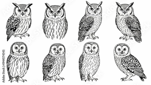 Collection of various owl illustrations in a vintage hand-drawn style