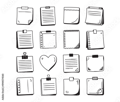 Set of hand drawn paper notes and heart on white background