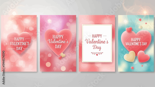 Four Delightful Valentine's Day Illustrations with Heart Motifs and Festive Bokeh Lights, Expressing Love and Affection