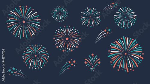 Dynamic collection of radiant fireworks bursts, illustrating joyful celebrations and evening festivities with luminous colors