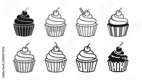 A delightful collection of monochrome cupcake icons, featuring various decorative styles with cherry toppings, perfect for dessert-themed designs and sweet treats