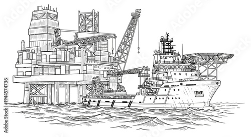 A detailed hand-drawn illustration of a towering offshore oil platform and a powerful supply vessel operating in the open sea, representing the energy industry.
