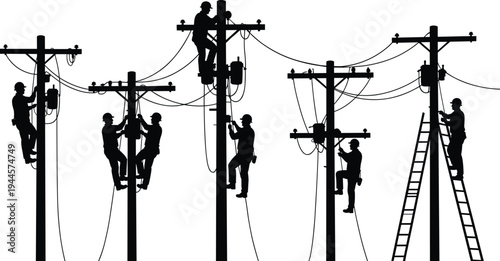Silhouette of electrical line workers repairing overhead power lines on utility poles with ladders, illustrating electricity distribution maintenance, energy infrastructure service