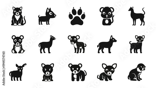 Collection of cute cartoon dog icons in silhouette