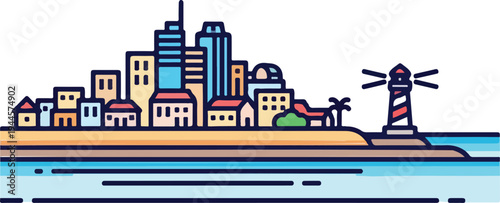 Vector illustration of a coastal city skyline with lighthouse