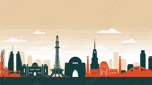 Stylized city skyline illustration featuring a diverse collection of architectural landmarks and historical buildings under a serene sky