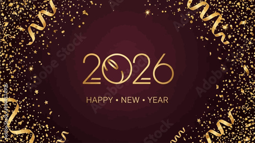 Golden 2026 New Year celebration with shimmering confetti and elegant ribbons on a festive maroon background, perfect for greeting cards and banners