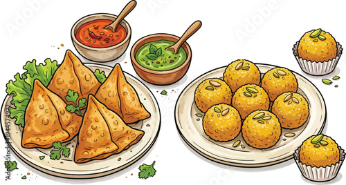 Indian Snacks Collection: Samosas and Laddoos Illustration
