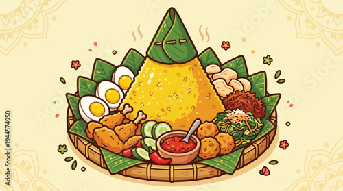 Nasi Tumpeng: Traditional Indonesian Celebration Food Illustration
