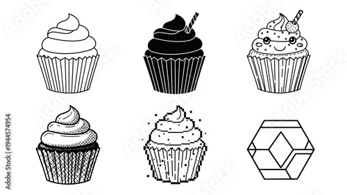 Diverse black and white cupcake illustrations and a geometric graphic element, showcasing various artistic styles from outline to pixel art for design projects