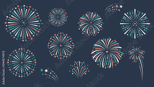 Collection of abstract colorful bursts of fireworks on a dark background