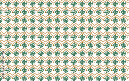 Seamless tropical pattern with monstera leaves and geometric zigzag lines
