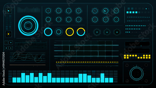 Futuristic user interface with glowing blue and yellow digital elements