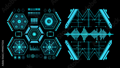 Futuristic interface elements with glowing cyan lines and hexagonal shapes