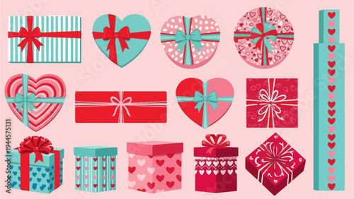 Assortment of decorative gift boxes adorned with ribbons and heart designs, ideal for romantic celebrations and special occasions