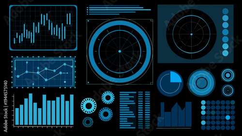 Abstract digital interface displaying various data visualizations on a dark background