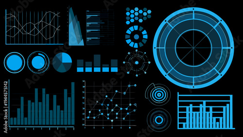 Abstract digital interface displaying various data visualizations and technological elements