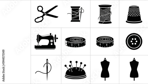 Set of Black and White Sewing and Tailoring Icons Illustrating Crafting Tools and Supplies for Fashion Design and Hobby Projects