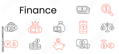 Finance set icon. Outline pictograms, banknotes stack, dollar search, globe dollar euro, crowned currency coins, money bag, mobile payment, balance scale currencies, yen bitcoin coins, coin stacks