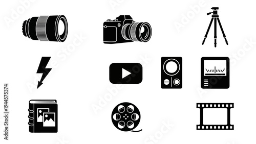 A collection of iconic photography and videography equipment and accessories