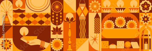 Diwali celebration banner with traditional items