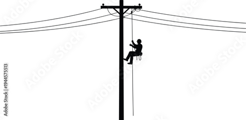 Silhouette of electrician lineman climbing utility pole performing power line maintenance and electrical grid repair against minimal sky background, energy infrastructure service concept