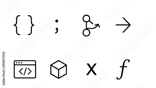Collection of various symbols and icons representing coding, mathematics, and computer science concepts