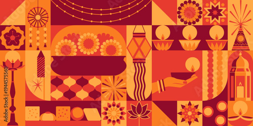 Happy Diwali festival of lights celebration banner with Holiday icons