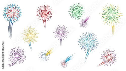 A dazzling array of colorful fireworks explosions and radiant trails, perfect for enhancing festive designs and celebratory occasion themes. Vector illustration set
