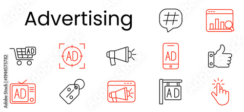 Advertising set icon. Outline pictograms, hashtag bubble, analytics screen, shopping cart ad, target ad, megaphone, mobile ad, like hand, television ad, price tag, web banner, signboard, click hand