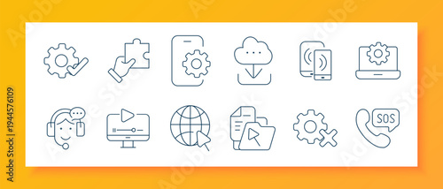 Artificial Intelligence icon. Human profile circuit, network gear, robot assistant, idea brain, smart home signal, processor chip, vr headset, thinking head, neural nodes, robotic arm, digital brain