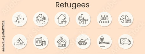Refugees set icon. Migration, global support, burning home, direction sign, rescue boat, identification card, tent camp, passport luggage, shelter aid, tank threat, border control, ambulance