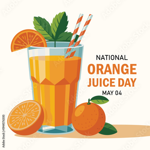 National Orange Juice Day vector illustration. Glass of refreshing orange fruit juice icon vector. May 4 every year. Important day