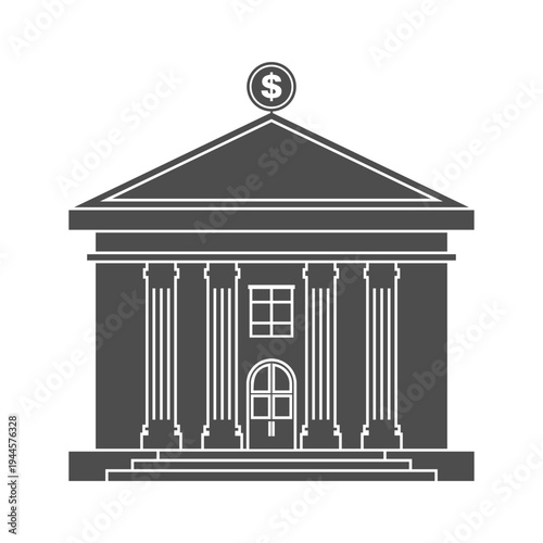 Black silhouette of a bank building isolated on a white background, vector illustration