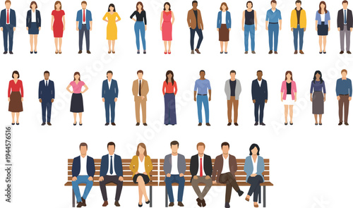 Diverse business people avatars, professional men and women characters standing and sitting on bench, casual office workers flat vector,