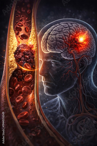 Advanced medical visualization illustrating the connection between vascular blockage and brain stroke 
