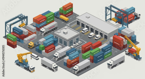 Isometric cargo containers, trucks, forklifts, and warehouse at a logistics hub.