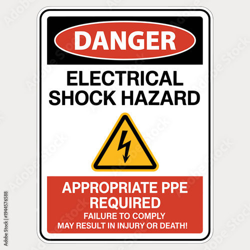 Electrical shock hazard warning sign with danger symbol and safety instructions