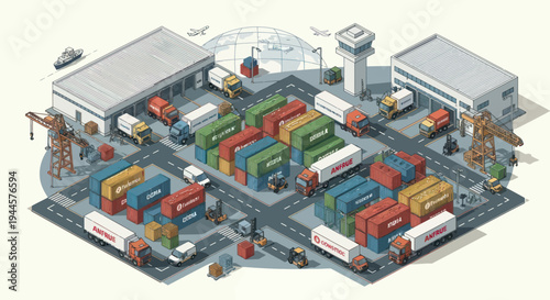 Isometric Pixel Art Logistics Hub: Shipping Containers, Trucks, Cranes, and Airport