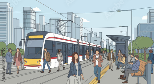 Modern Tram Station with People Commuting in Urban Cityscape