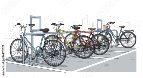 Row of parked bicycles at bike rack with cityscape background illustration